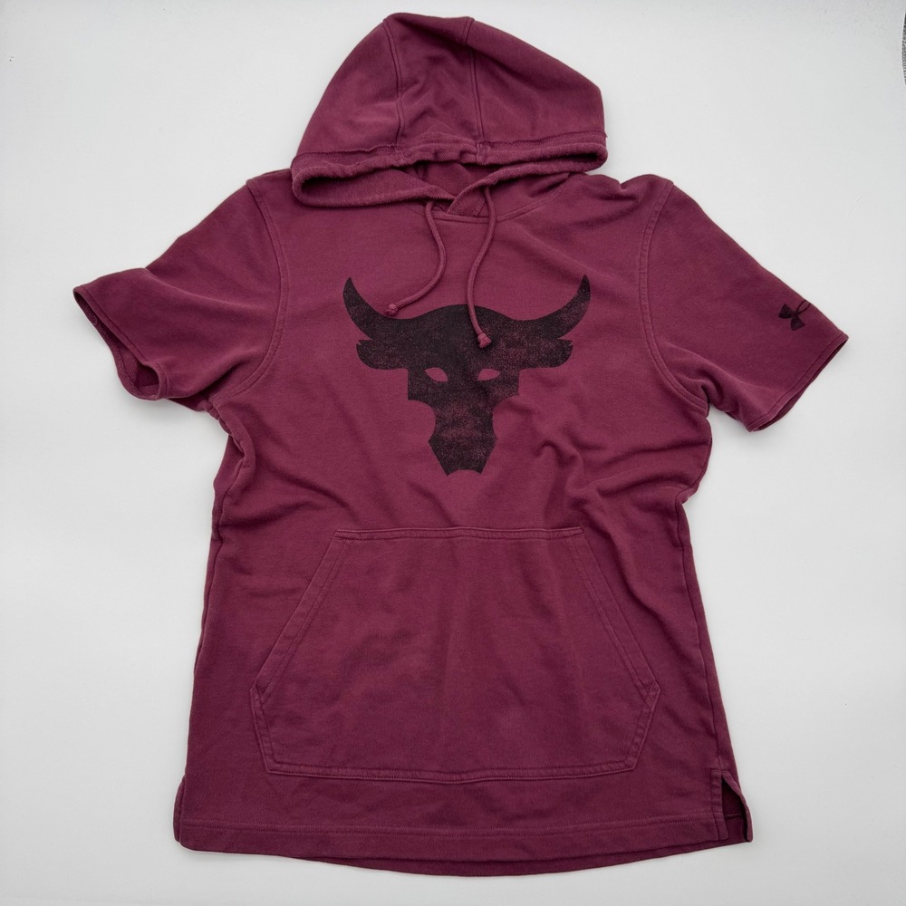 Under Armour Project Rock Brahma Bull Short Sleeve Hoodie Burgundy Maroon Small